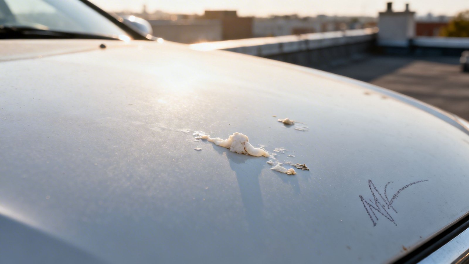 White car hood covered in multiple fresh bird droppings and a scribble, under golden hour light.
