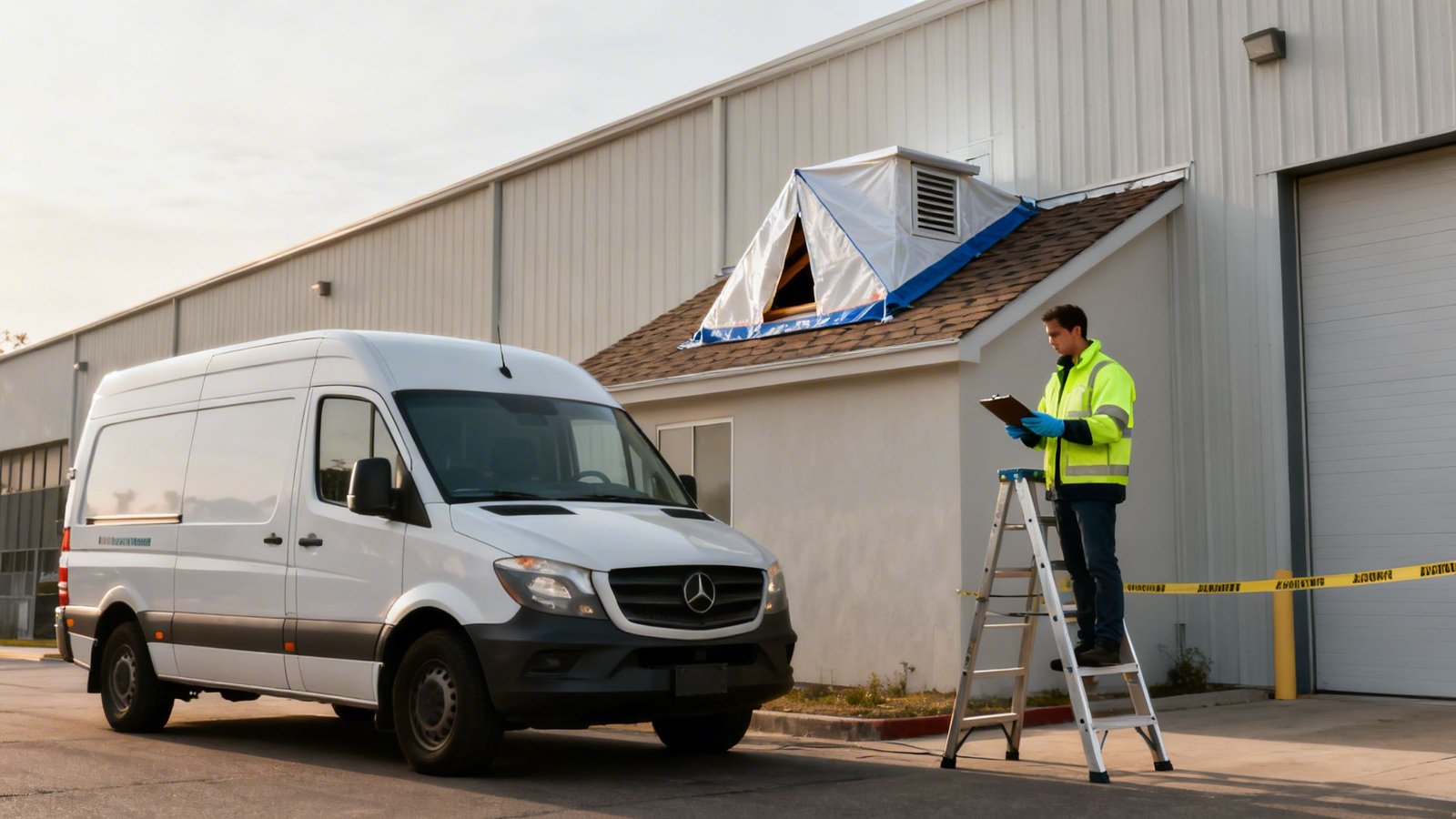 A worker in a safety vest stands on a ladder next to a white van, inspecting a building with a tarp.