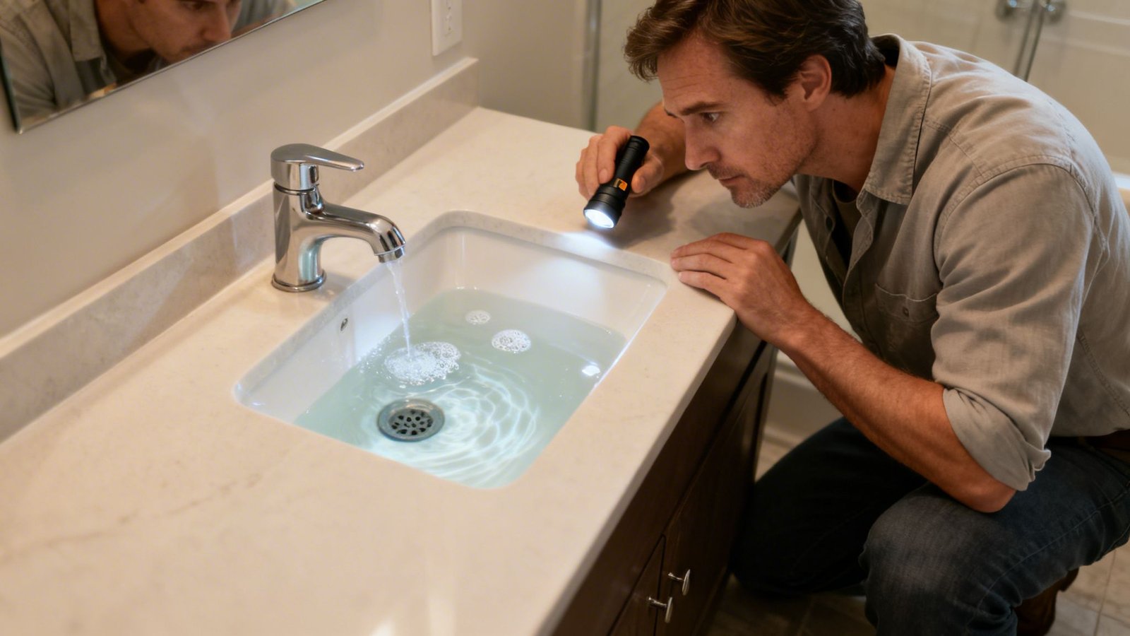 A man uses a flashlight to inspect a bathroom sink overflowing with water from a running faucet.