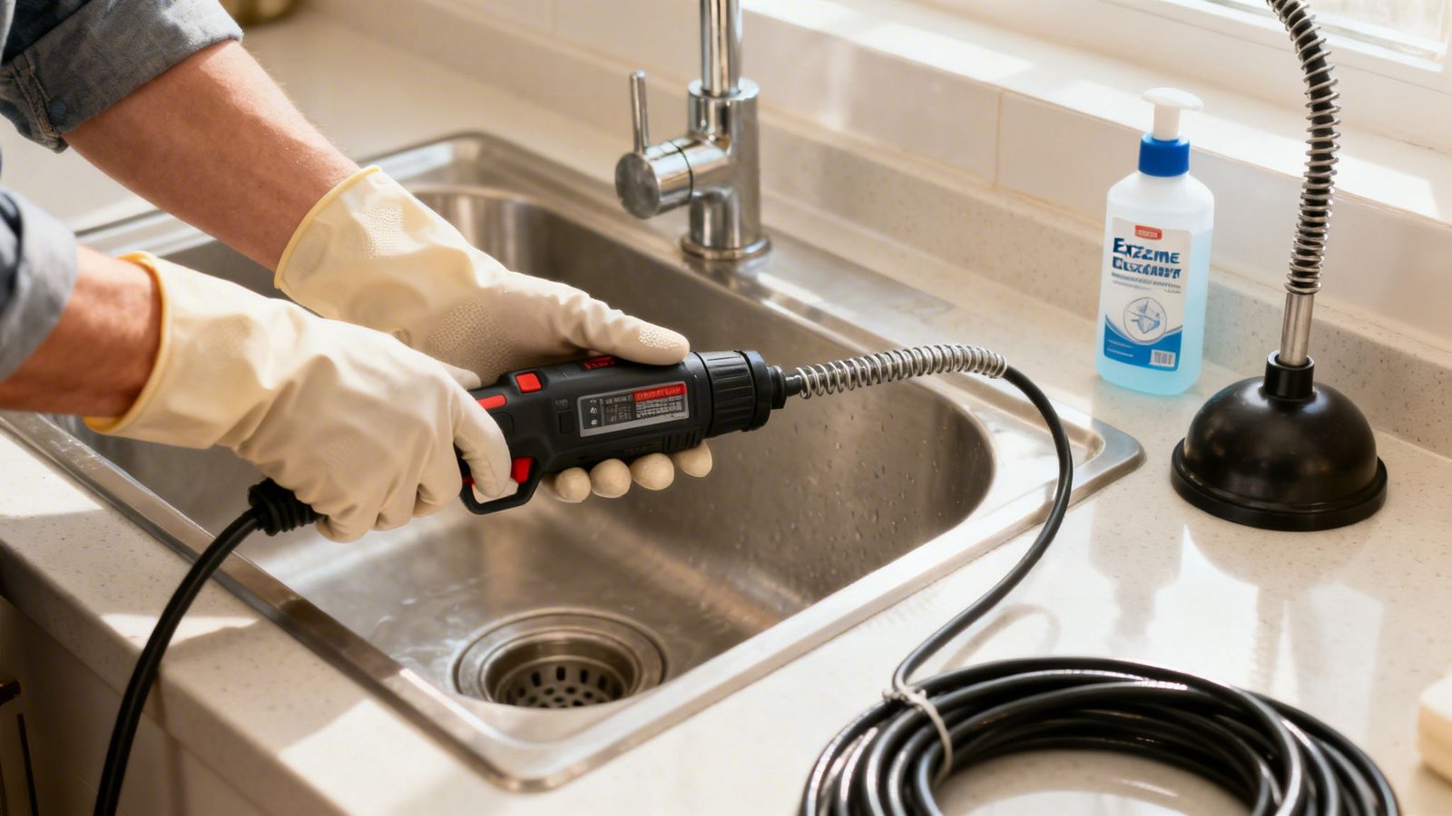 Gloved hands use a drain snake tool to clear a clogged kitchen sink.