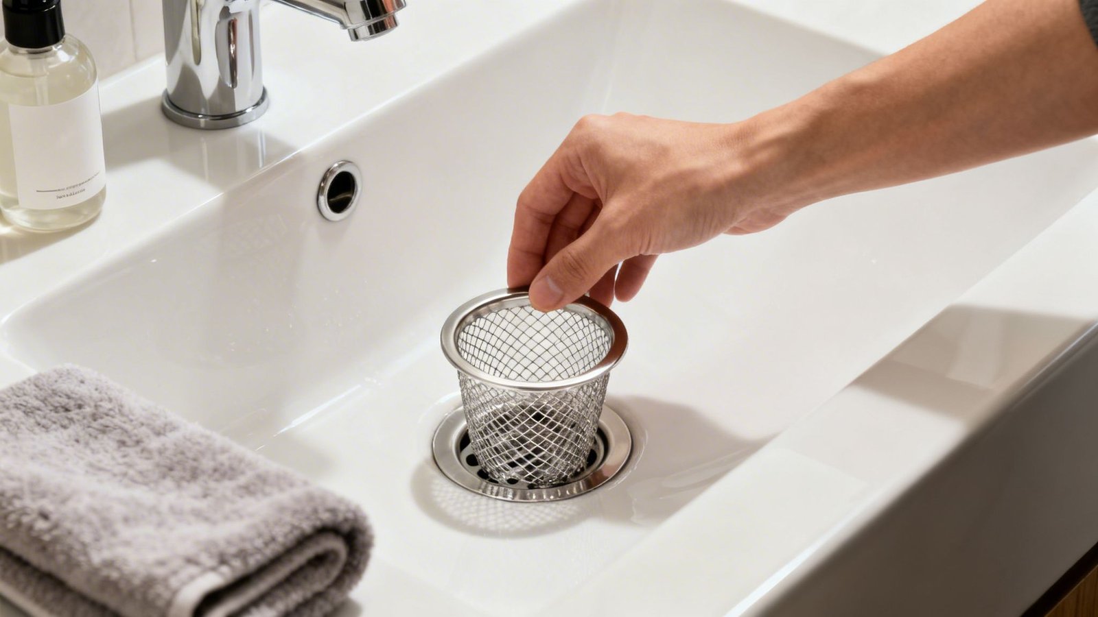 A hand places a metal mesh drain strainer into a white bathroom sink to prevent clogs.