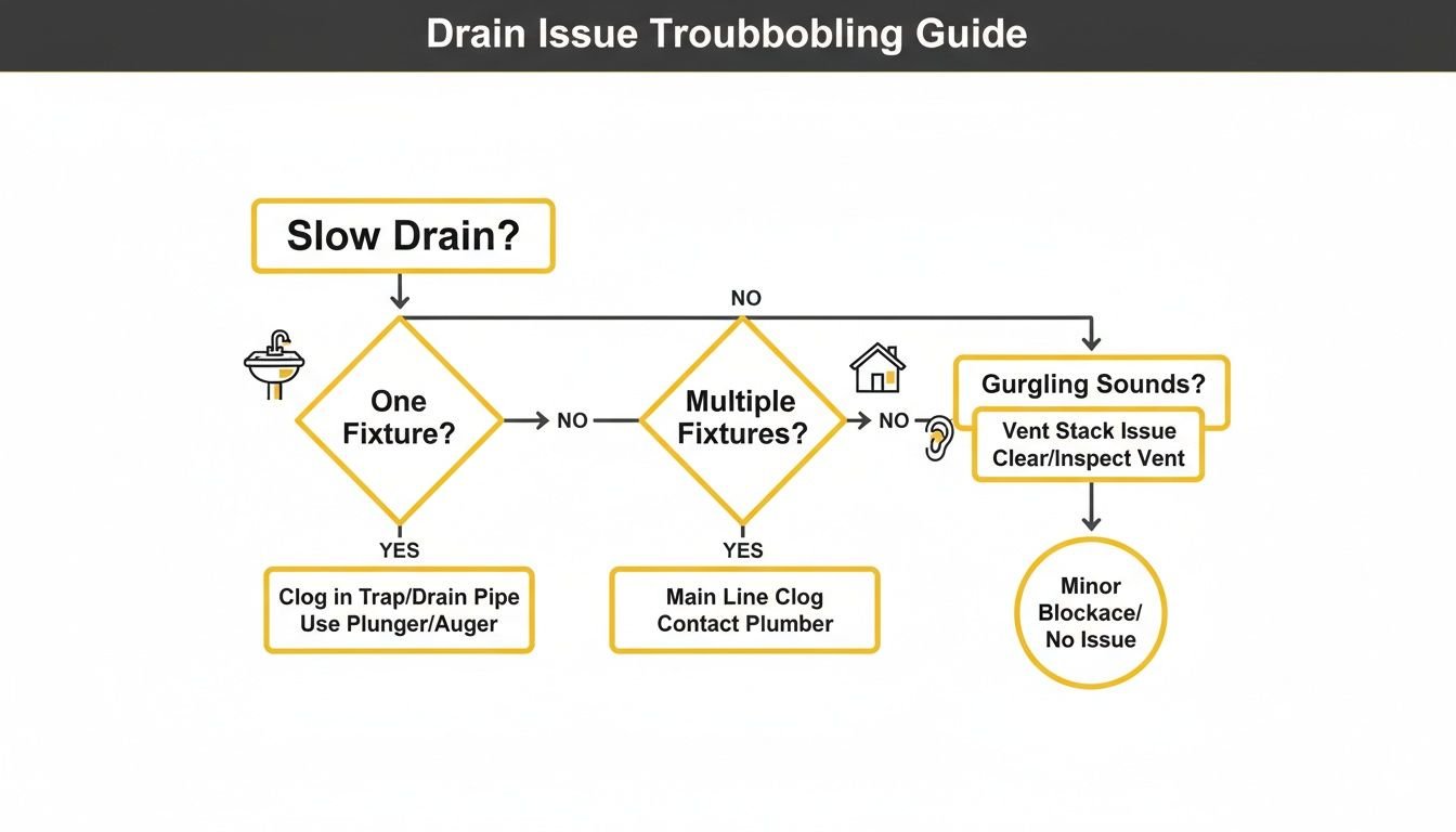 Flowchart troubleshooting common drain issues, including slow drains, multiple fixtures, and gurgling sounds, with solutions.