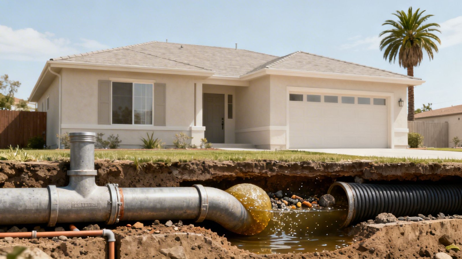 A cross-section reveals a clogged sewer line in front of a house, with murky water spilling.