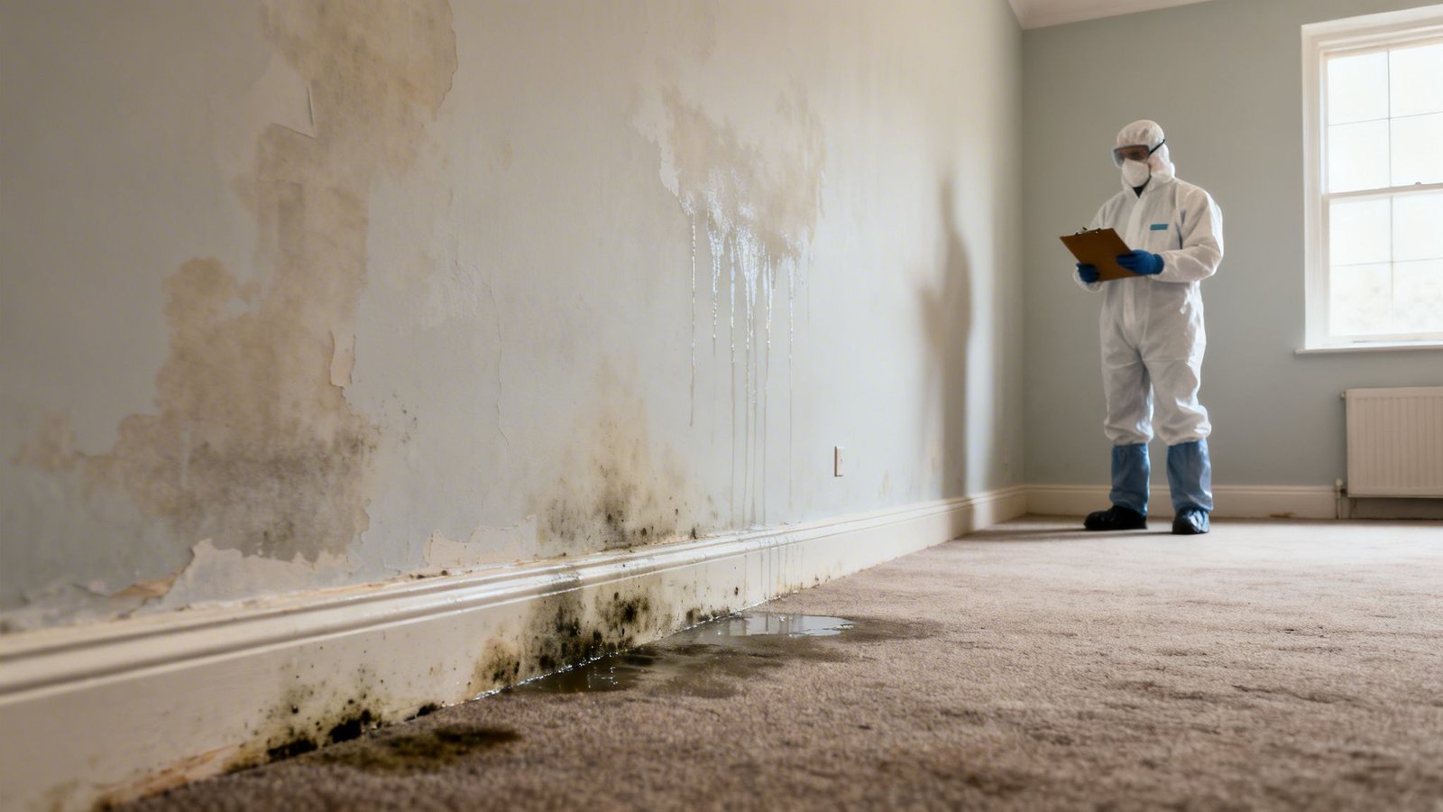 A person in a protective suit inspects severe water damage, black mold, and peeling paint in a room.