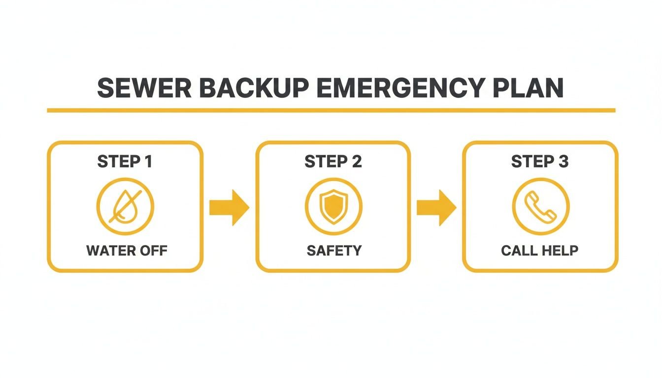 Infographic illustrating a 3-step sewer backup emergency plan: turn water off, ensure safety, and call for help.