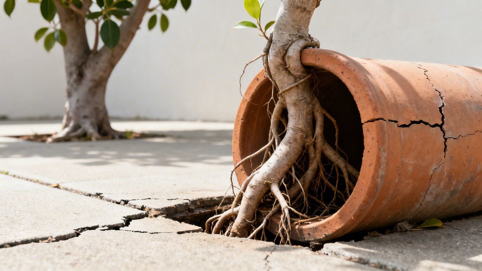 Resilient tree roots push through a broken terracotta pot and cracked pavement.