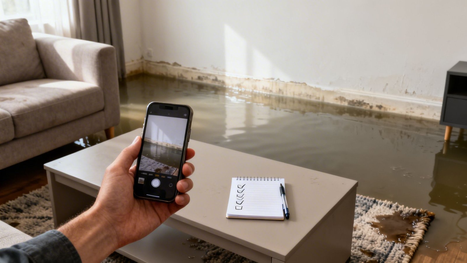 Person taking photos of a flooded living room with water damaged walls and submerged furniture.