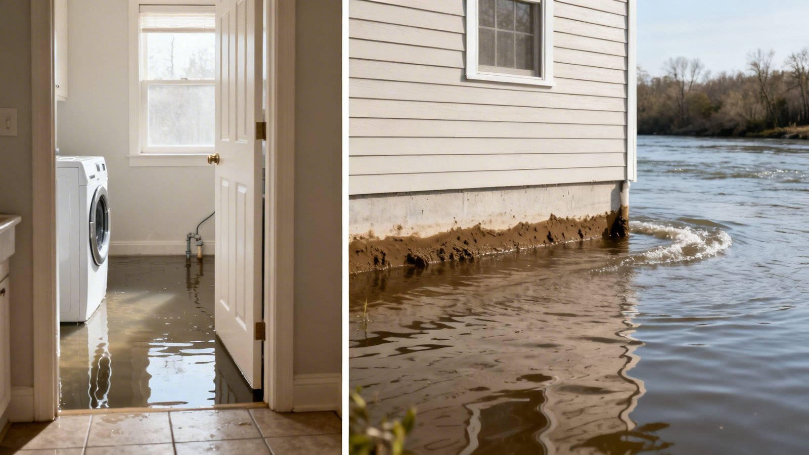 An indoor room with a flooded floor and a washing machine, next to an exterior house wall partially submerged in floodwater.