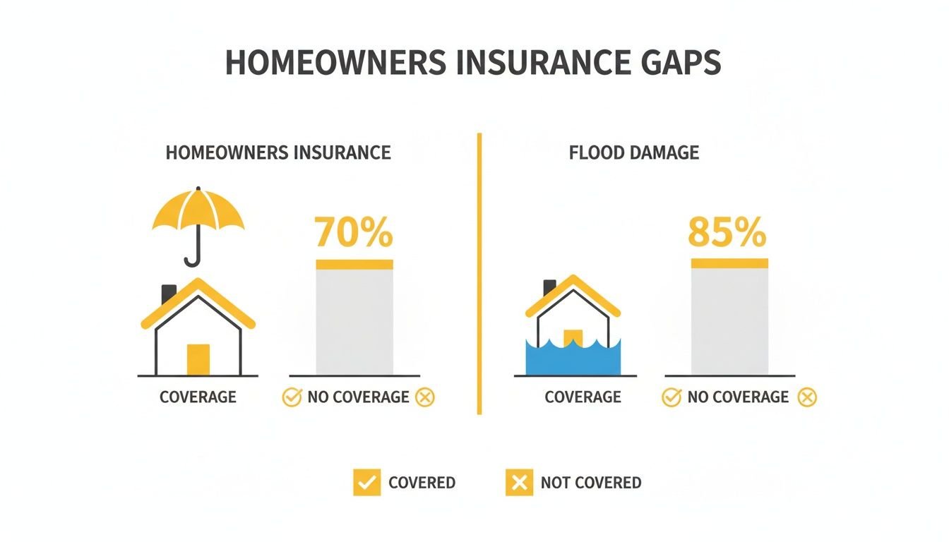 Infographic showing that 70% of homeowners lack full insurance coverage, and 85% lack flood damage coverage.
