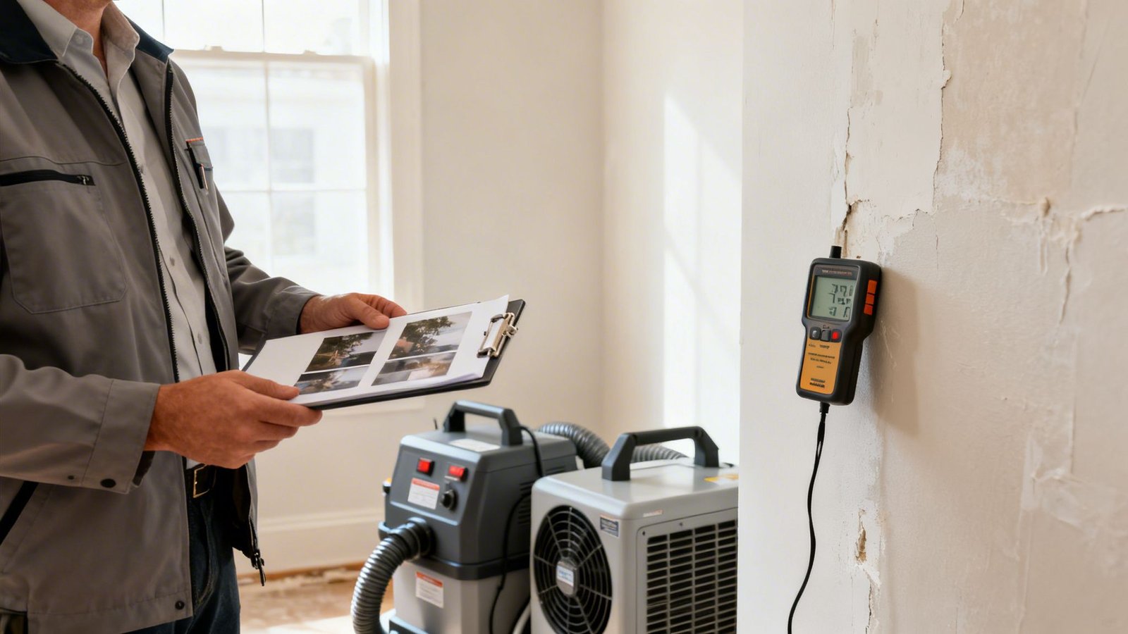 Professional assesses a room with peeling paint, using a moisture meter and showing restoration equipment.