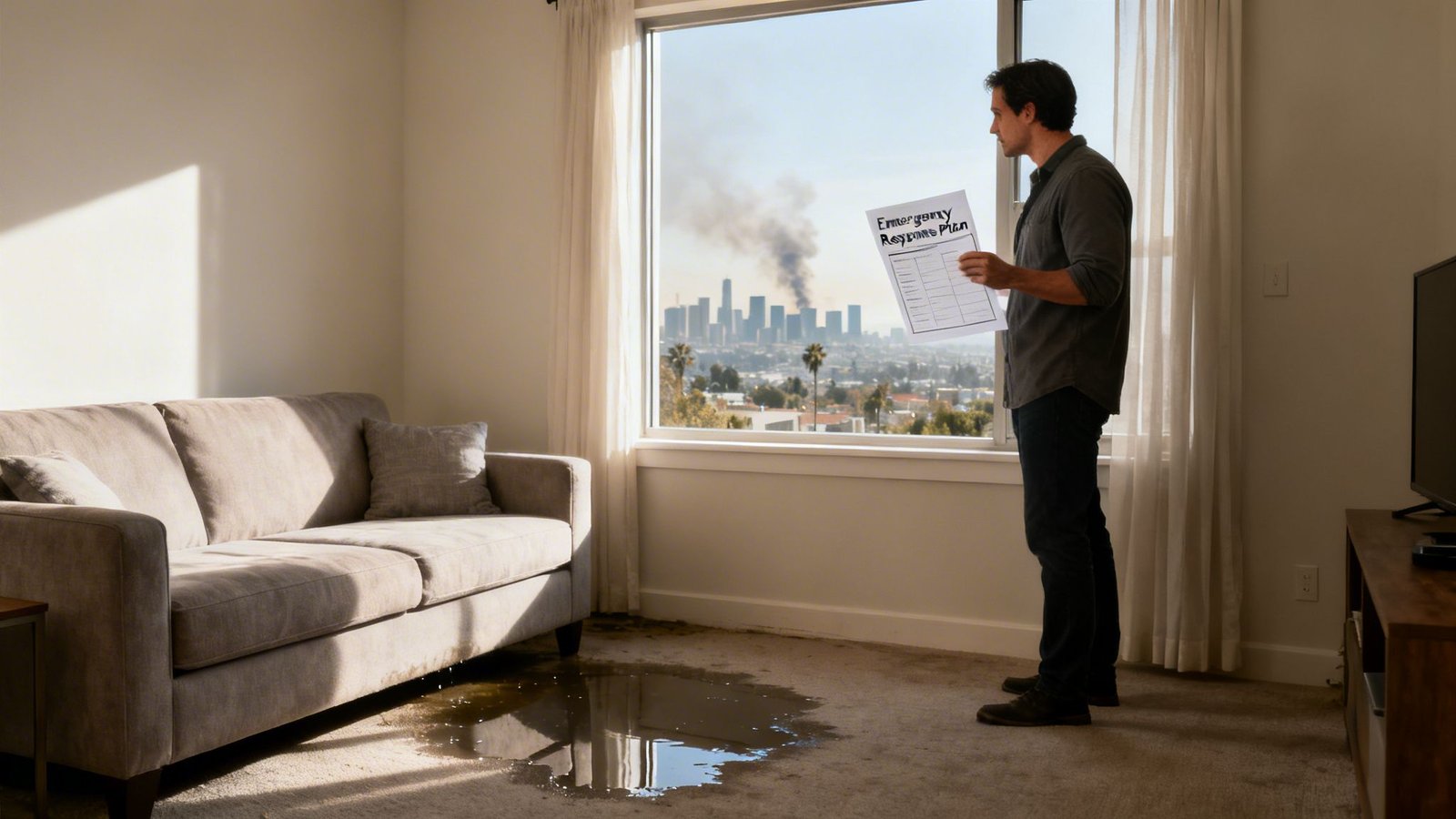 A man holds an emergency plan, looking at a burning city and water damage inside his apartment.