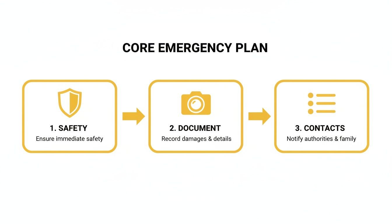A visual guide detailing a three-step core emergency plan: safety, document, and contacts.