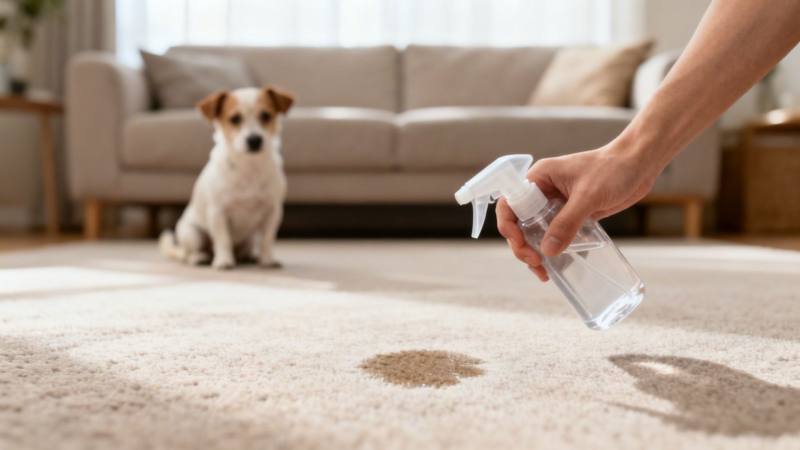 A hand sprays cleaning solution on a fresh pet stain on a carpet, with a dog watching.