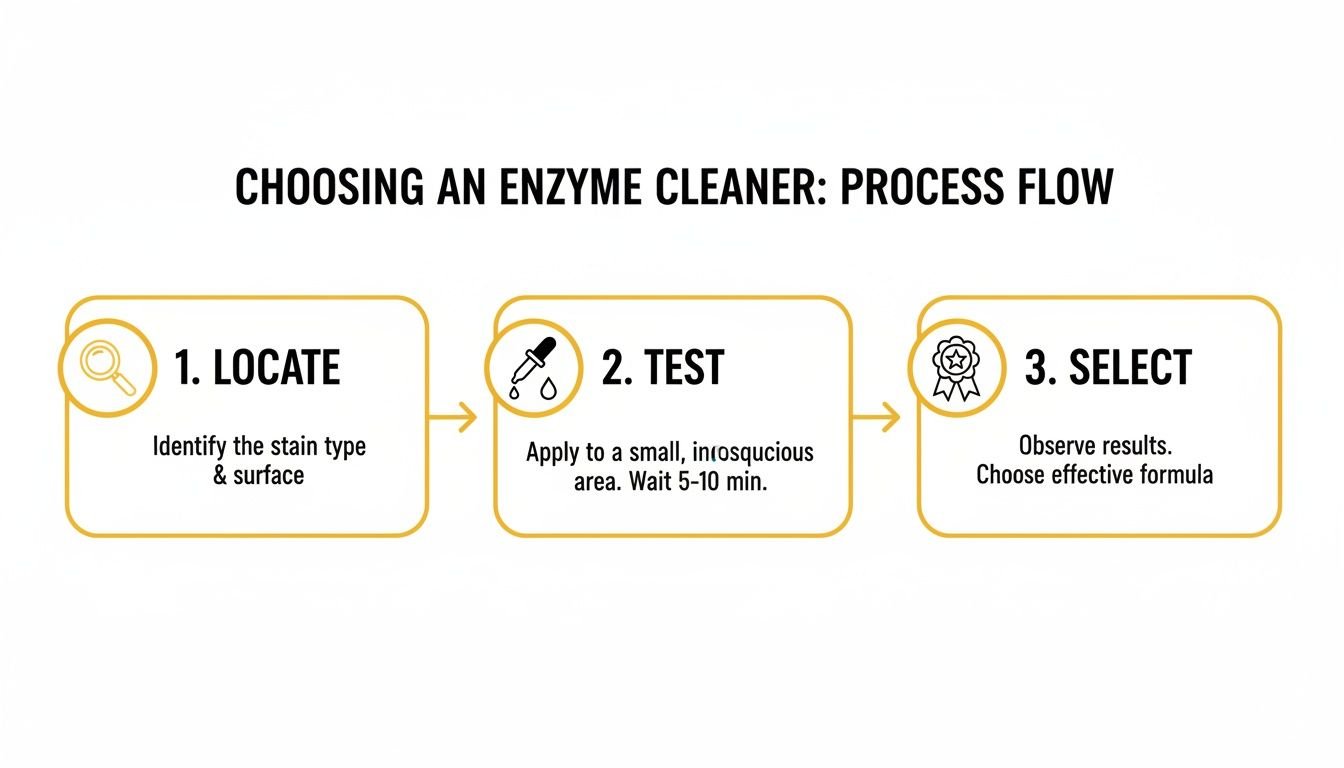 Flowchart illustrating the three-step process for selecting an enzyme cleaner based on stain type and testing.