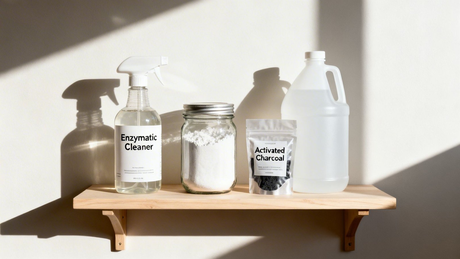 Various natural cleaning supplies, including enzymatic cleaner, powder, and activated charcoal, on a wooden shelf.