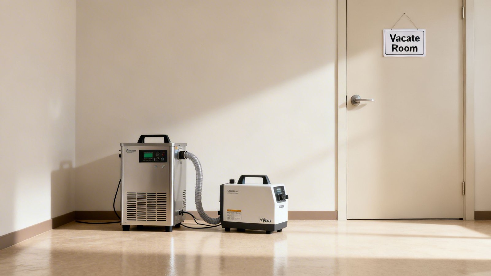 Two air treatment machines are connected by a hose next to a door with a 'Vacate Room' sign.