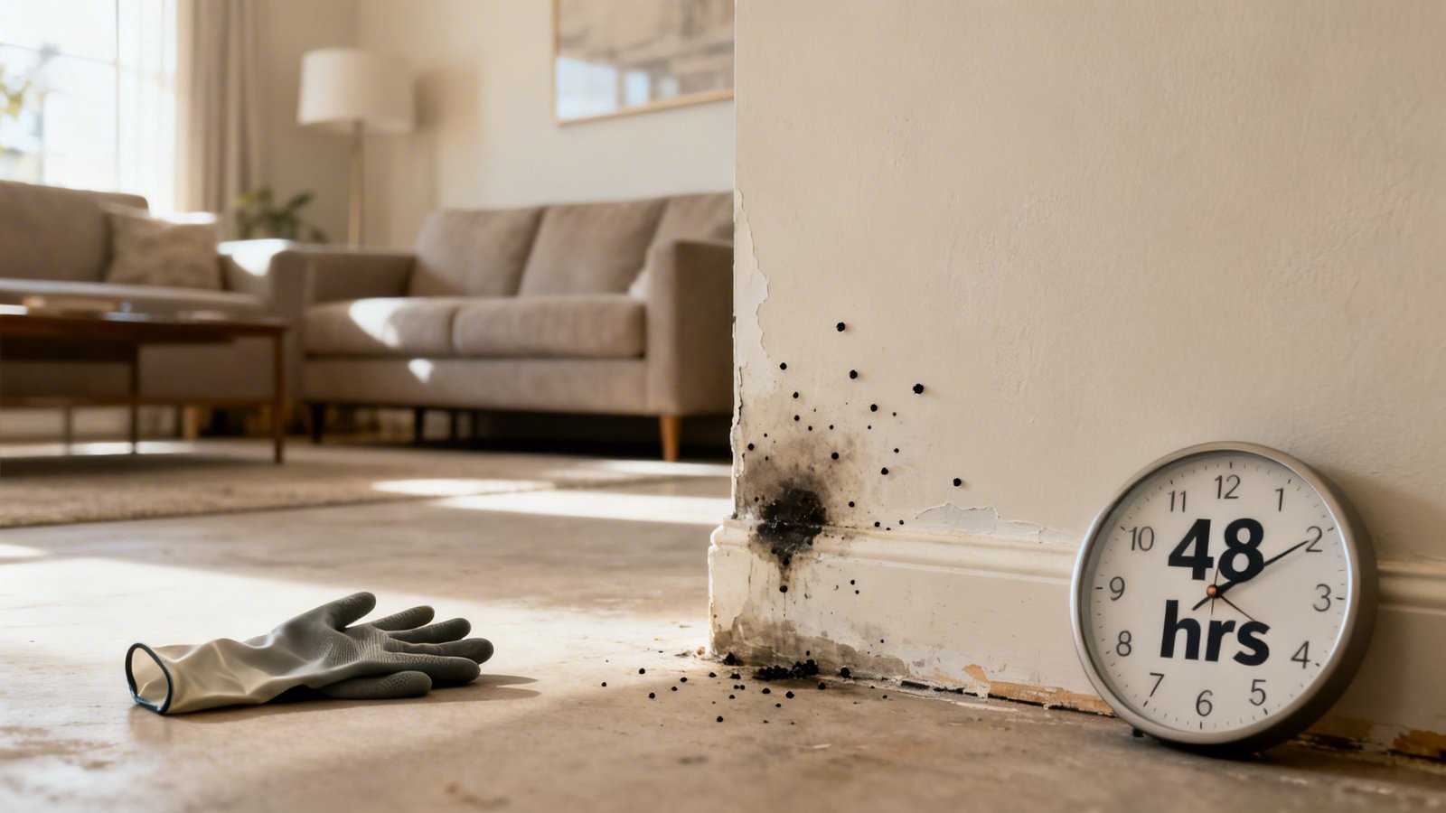 Black mold growing on a home wall with a clock showing 48 hours and work gloves.