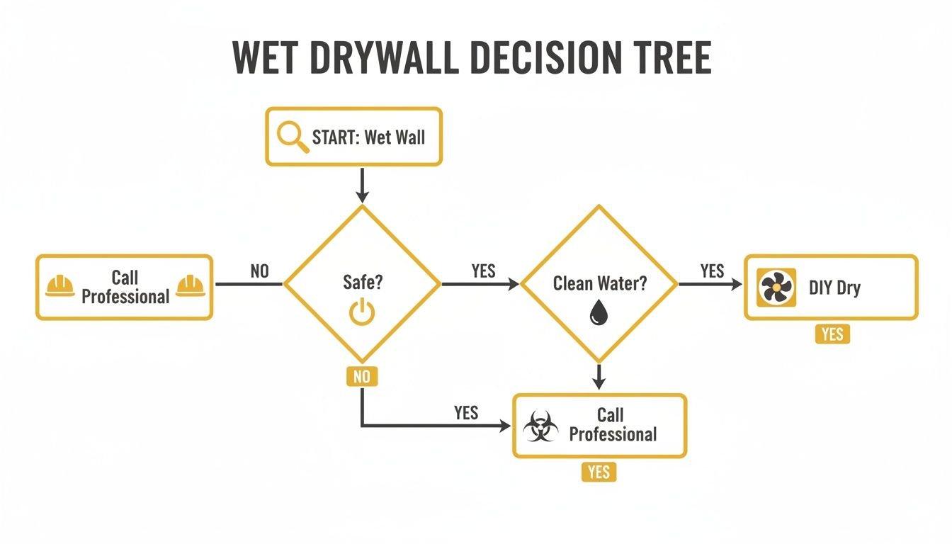 A Wet Drywall Decision Tree flowchart guides through steps for drying wet walls, starting with safety.