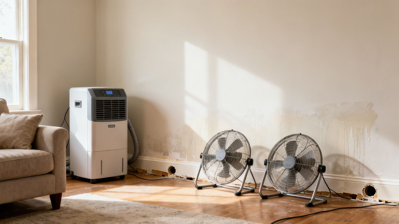 A room undergoing water damage repair, featuring fans, a dehumidifier, and damaged drywall.