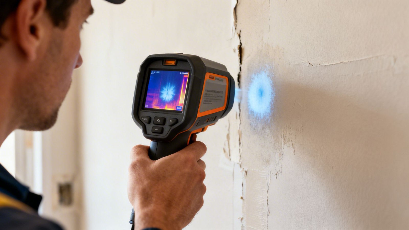 A man uses a thermal imaging camera to inspect a wall, revealing heat patterns on its screen.