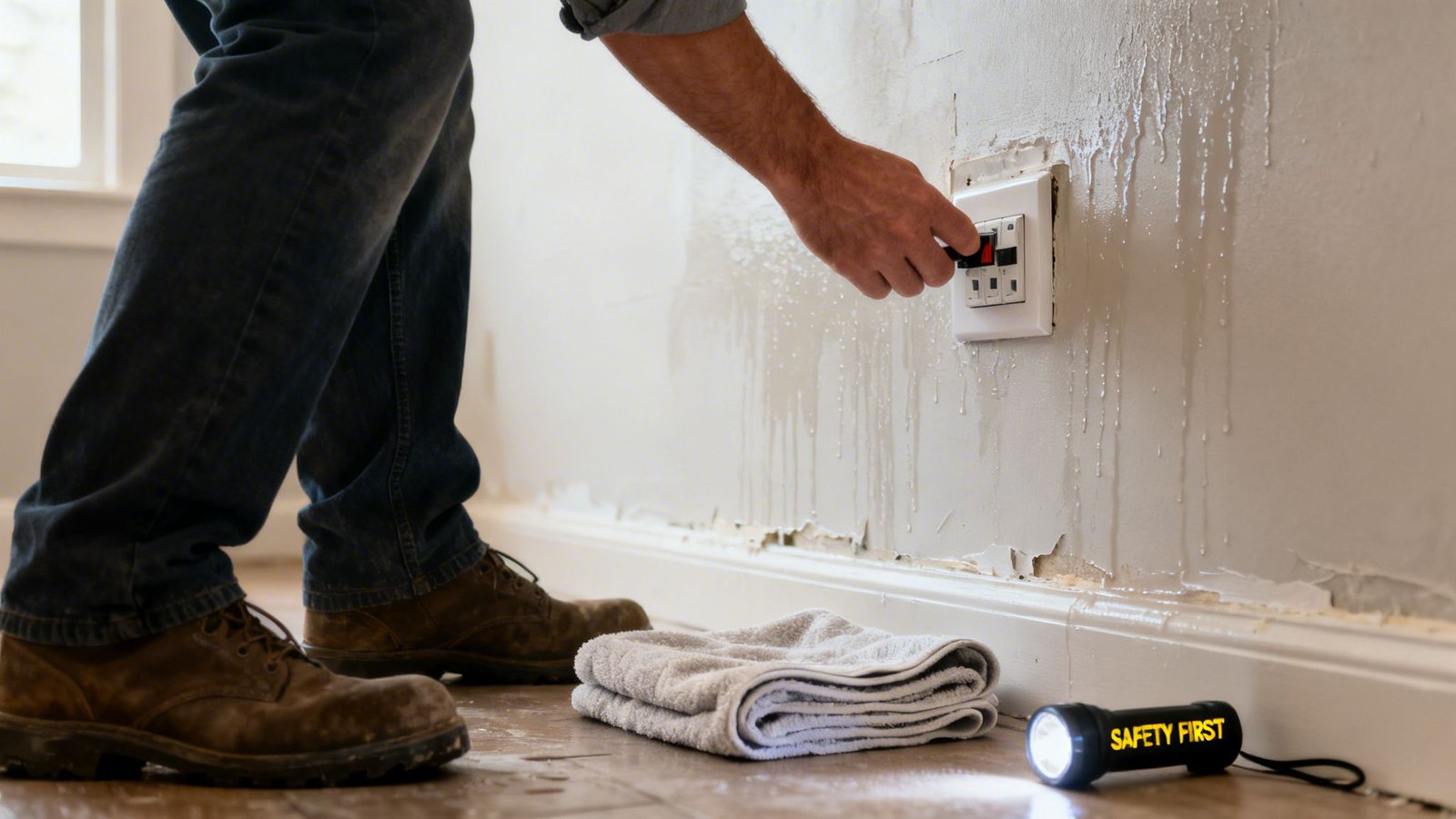 Person's hand turning off a wet electrical switch on a wall with water damage and peeling paint, with a 'Safety First' flashlight on the floor.