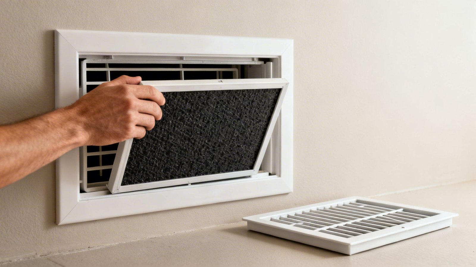 A hand replacing a dirty black air filter in a white HVAC vent on a light wall.