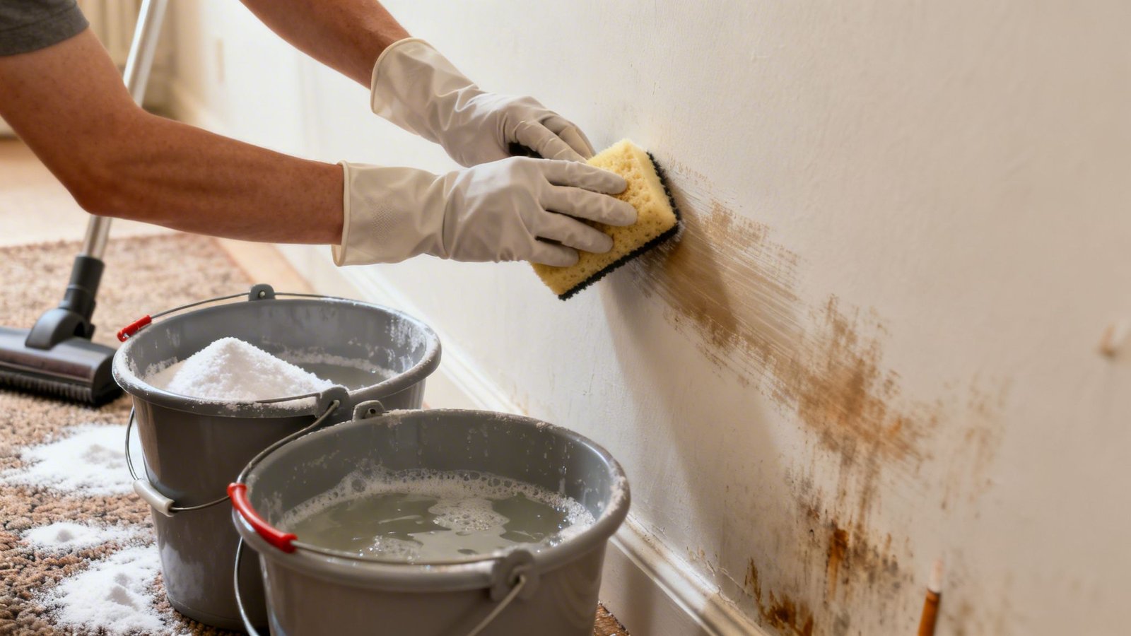 A person wearing white gloves is cleaning a stained wall with a yellow sponge, with buckets of cleaning solutions on the floor.