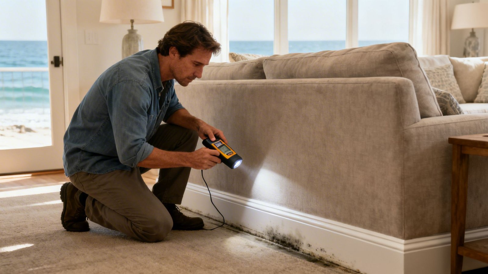 Man inspecting black mold growth on the baseboard and carpet in a bright living room.