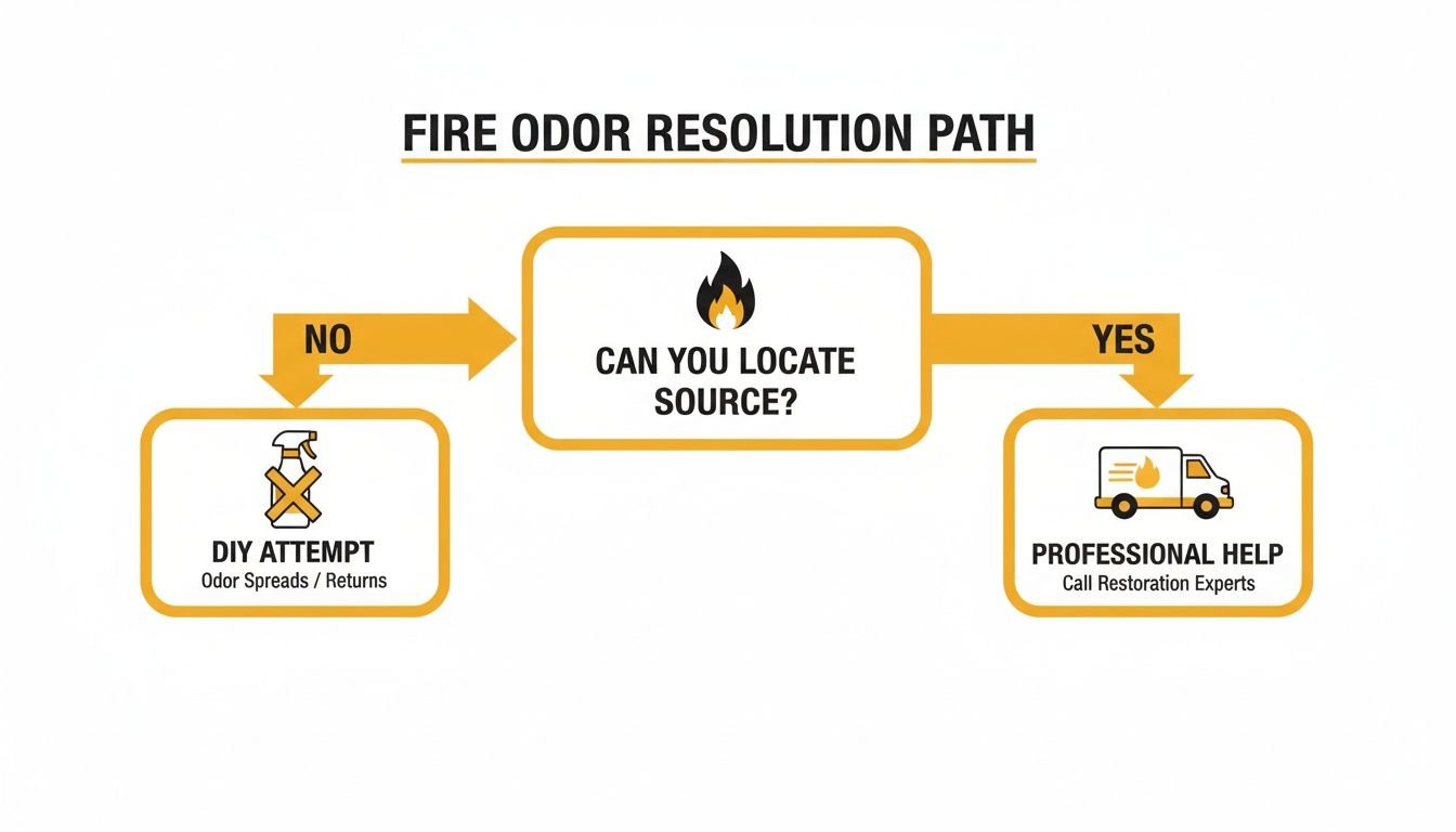 A flowchart titled 'Fire Odor Resolution Path' guiding on how to address fire odors.