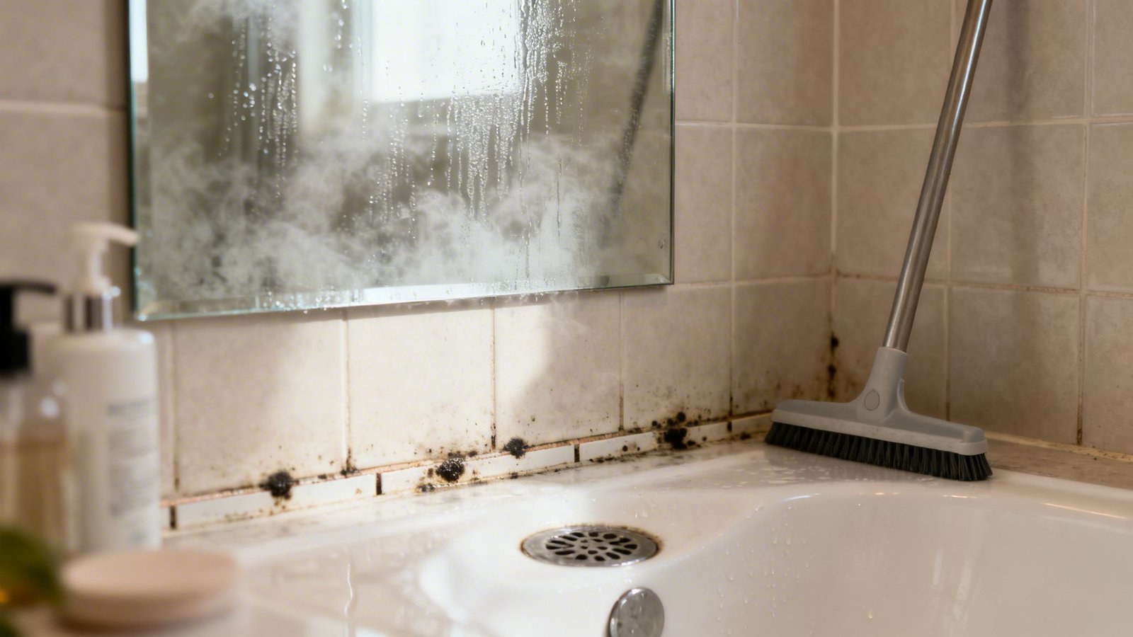 A dirty bathroom mirror with steam and extensive black mold growth along the tiled walls and bathtub edge, with a cleaning brush.