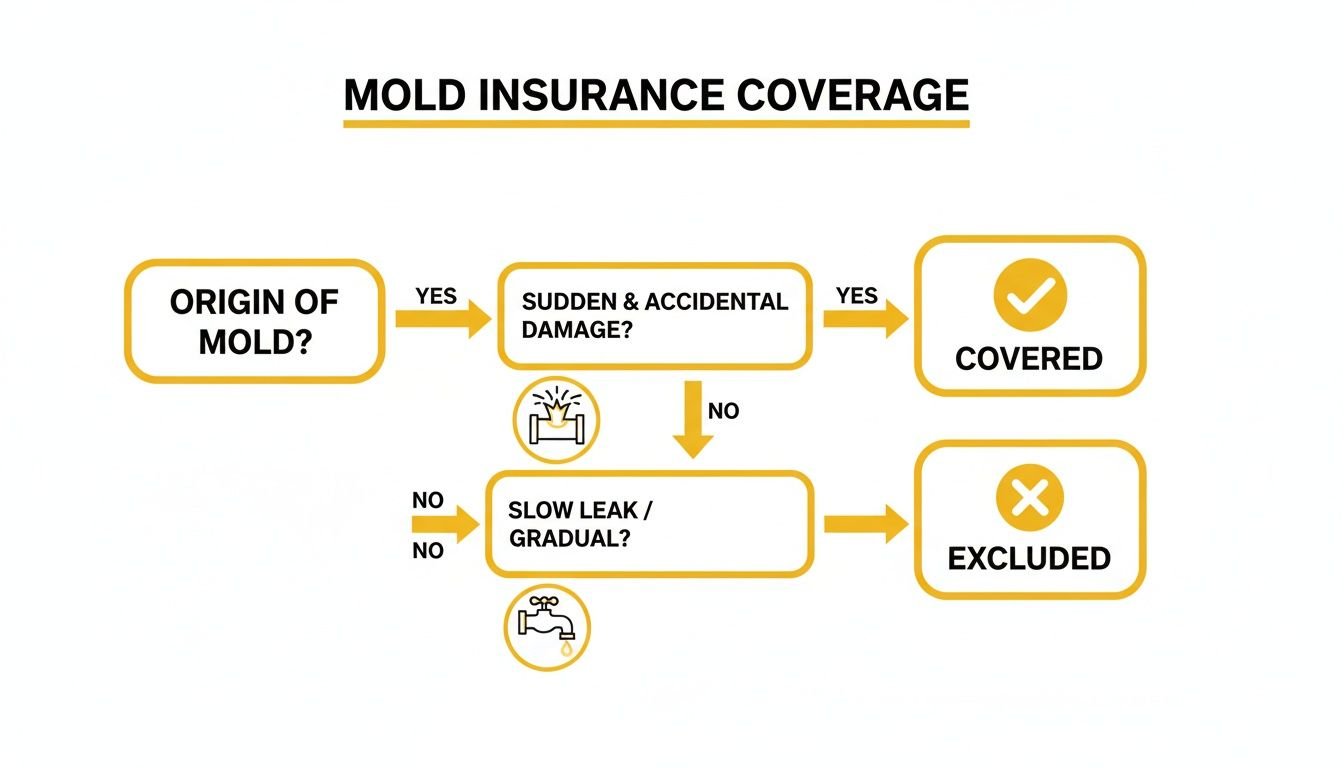 Flowchart explaining mold insurance coverage based on origin and type of water damage, leading to covered or excluded outcomes.