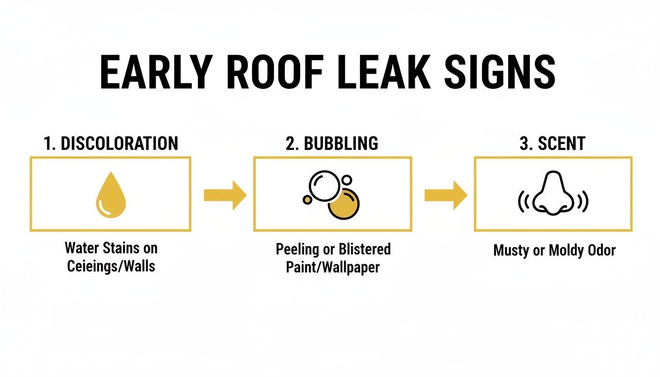 Visual guide on early roof leak signs including water stains, peeling paint, and a musty scent.