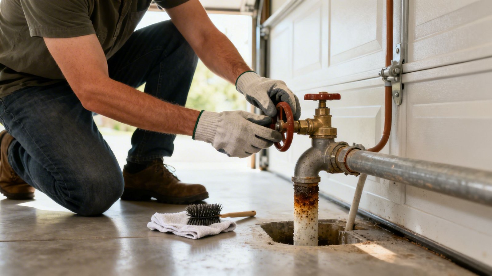 A person in work gloves turns a main water shut-off valve, revealing rust on the pipe.