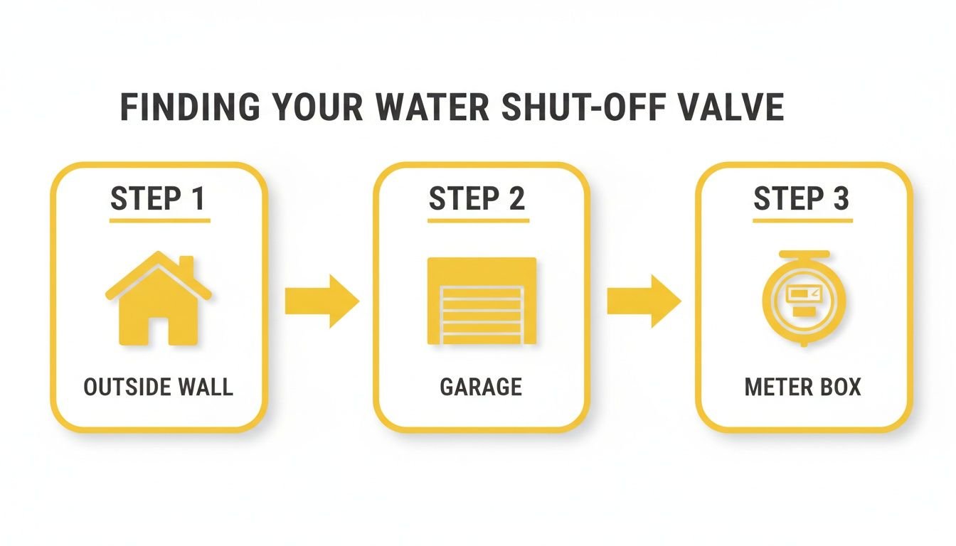 An infographic showing steps to find your home's main water shut-off valve: outside wall, garage, and meter box.