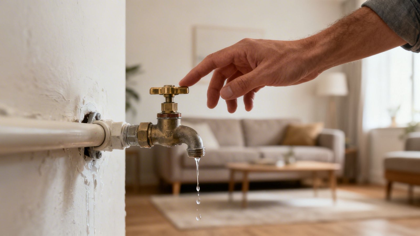 Close-up of a hand turning a leaky brass water faucet on a white wall.