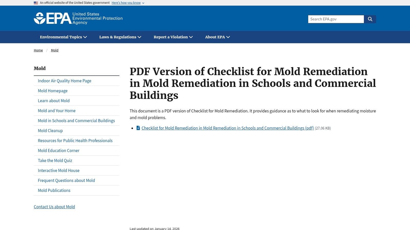 EPA Checklist for Mold Remediation (Mold Remediation in Schools and Commercial Buildings)