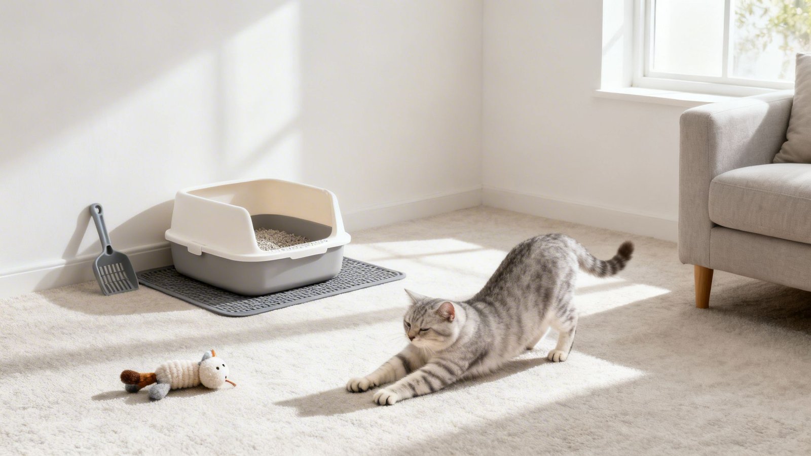 A silver tabby cat stretches on a light carpet near a litter box, scoop, and a small toy.