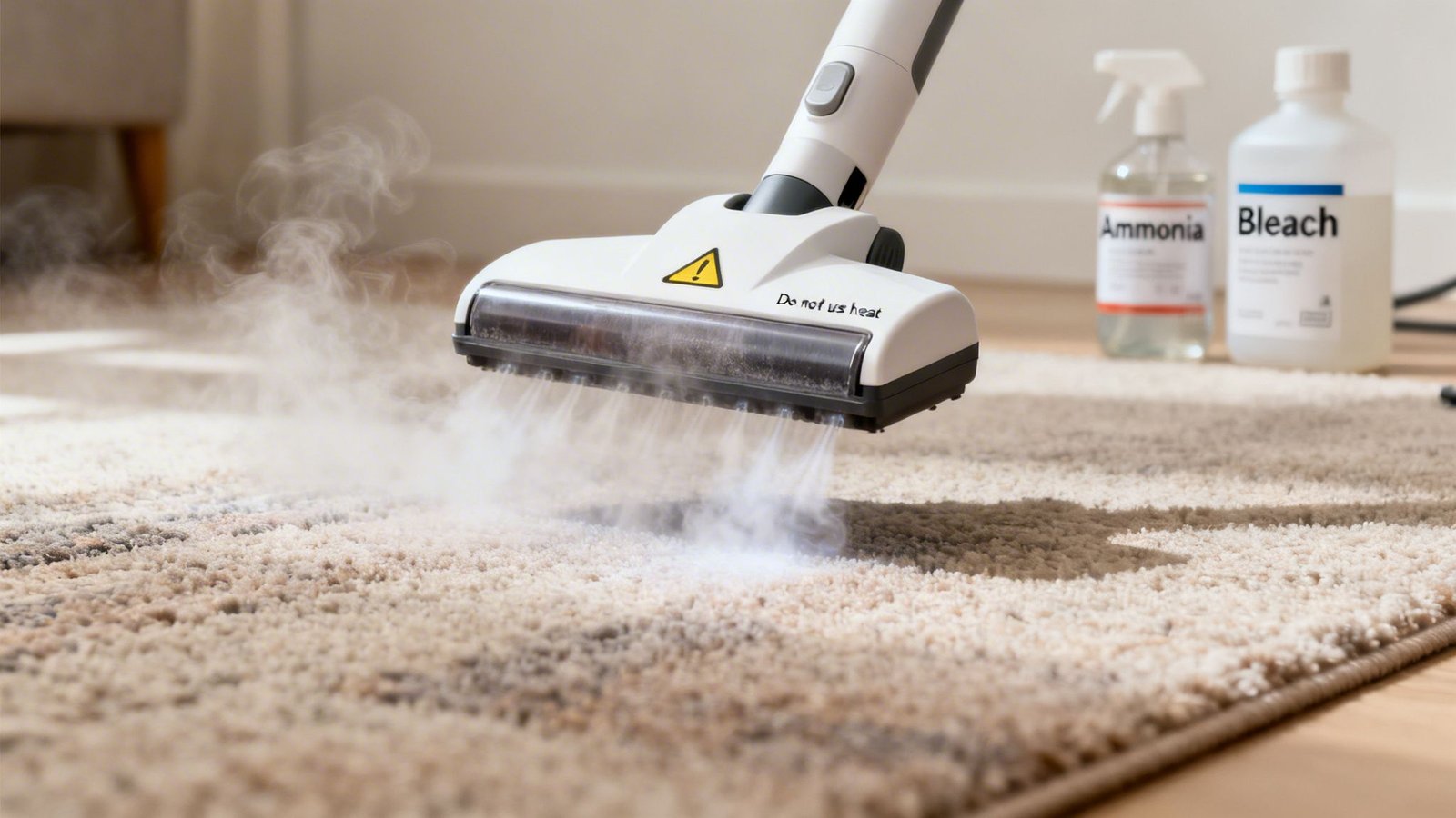 A steam cleaner emits steam onto a beige carpet with bottles of ammonia and bleach in the background.
