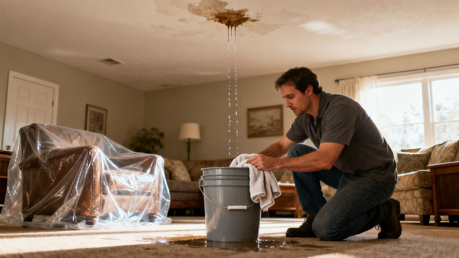 A man kneels, catching water from a severely leaking ceiling into a gray bucket.