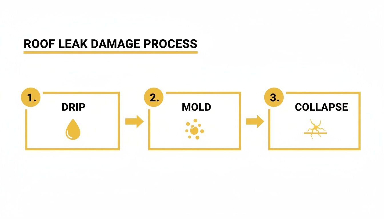 Diagram showing the progression of roof damage from a leak: water drip, mold growth, and structural collapse.