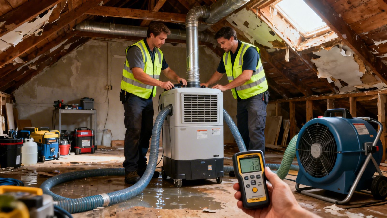 Two men in safety vests operating water damage restoration equipment in a damaged attic with a skylight.
