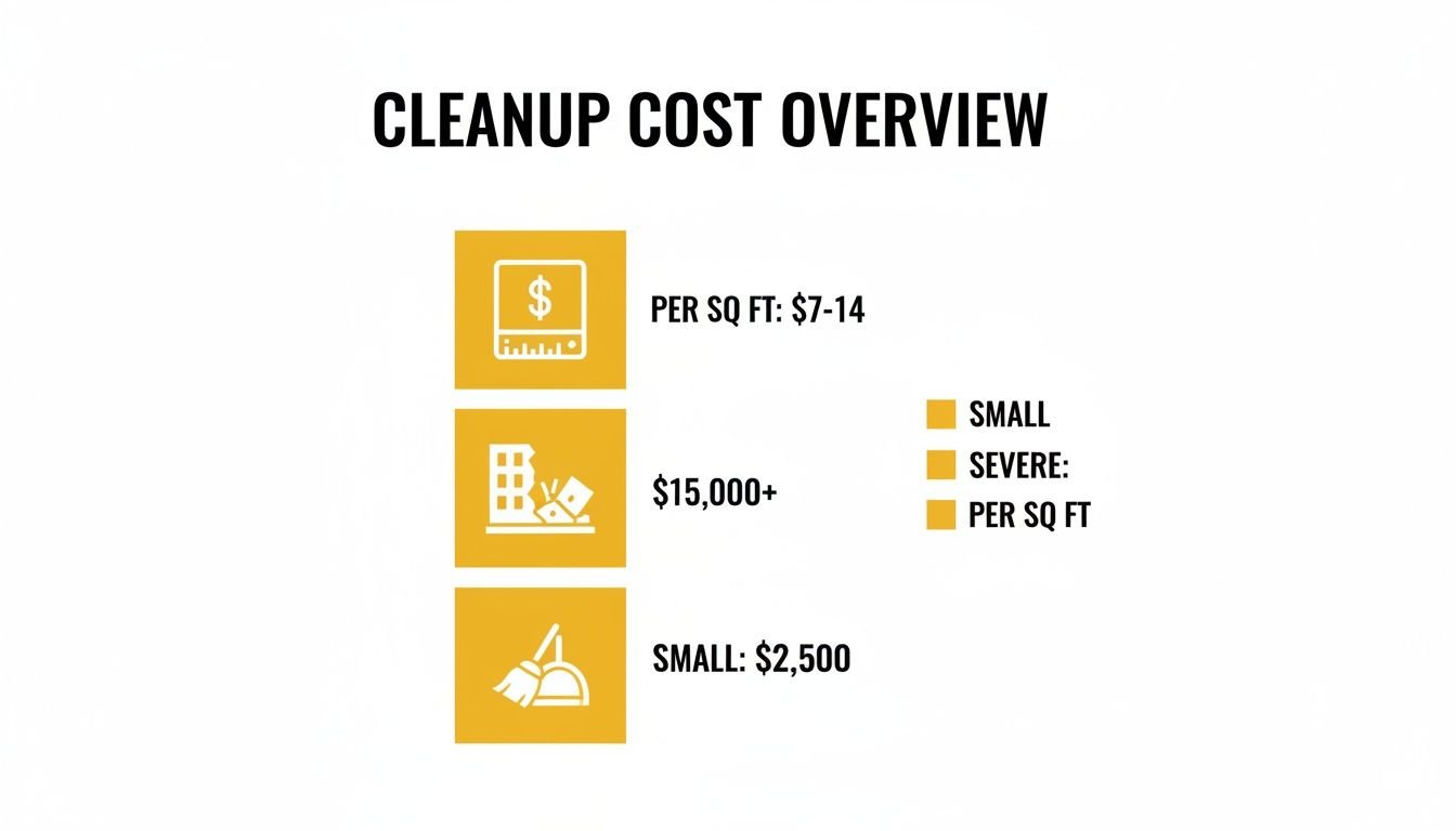 A cleanup cost overview displaying estimated prices for small, severe, and per square foot services.