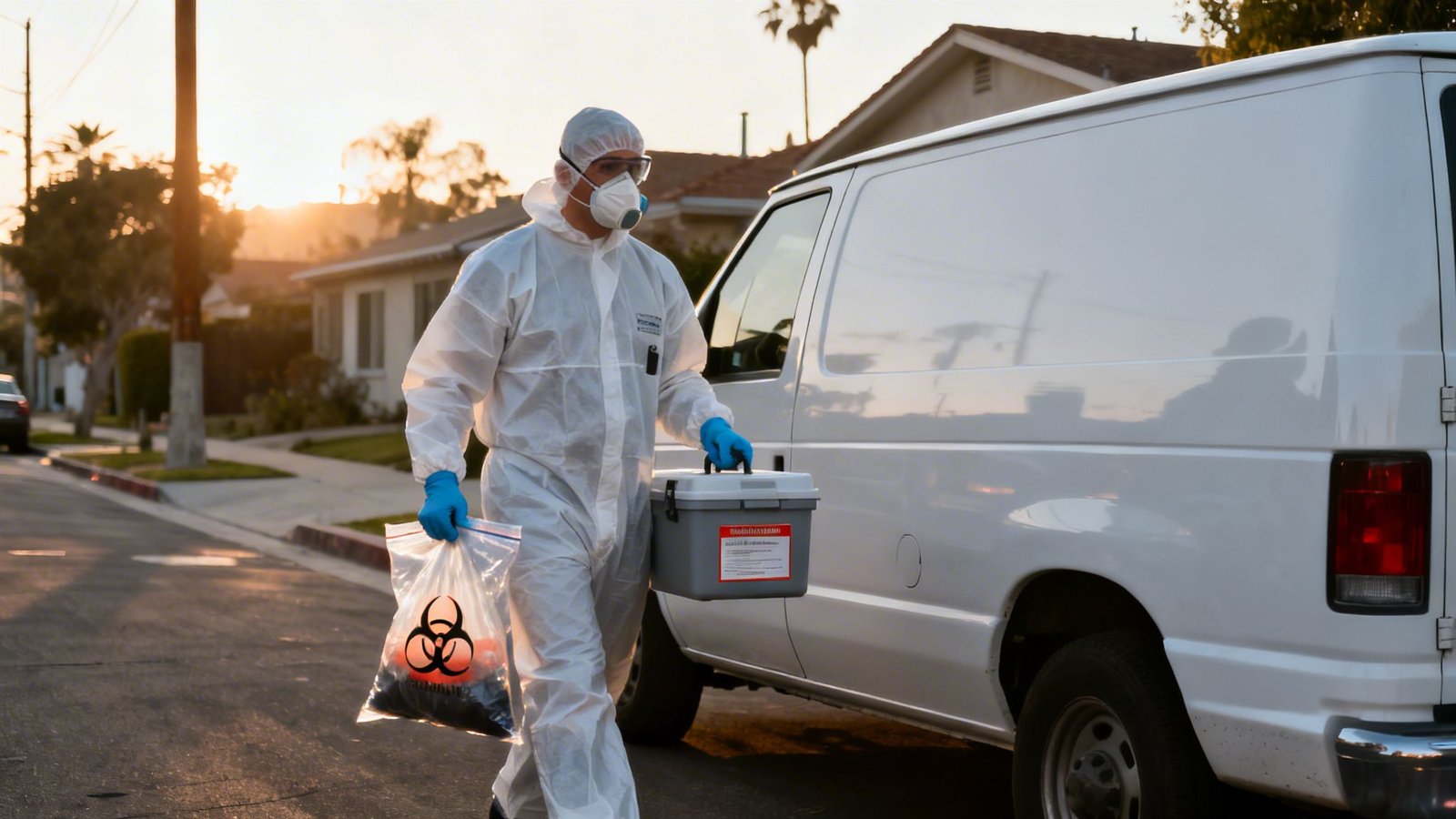 Person in hazmat suit with biohazard bag and cooler walks beside a white van.
