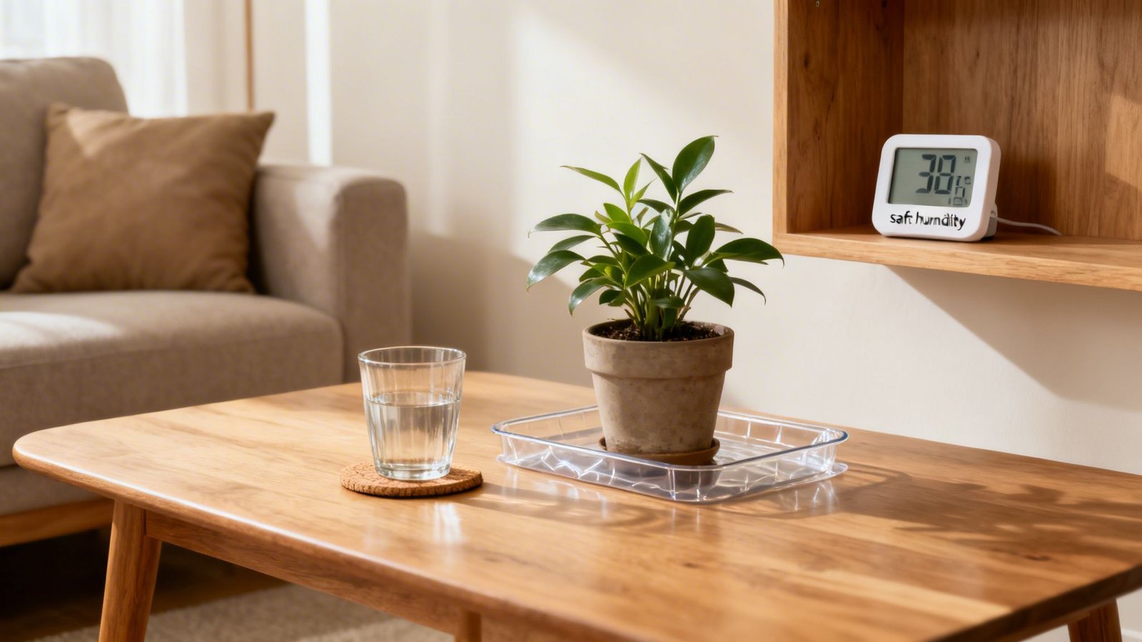 A glass of water and a potted plant on a wooden coffee table in a cozy living room.