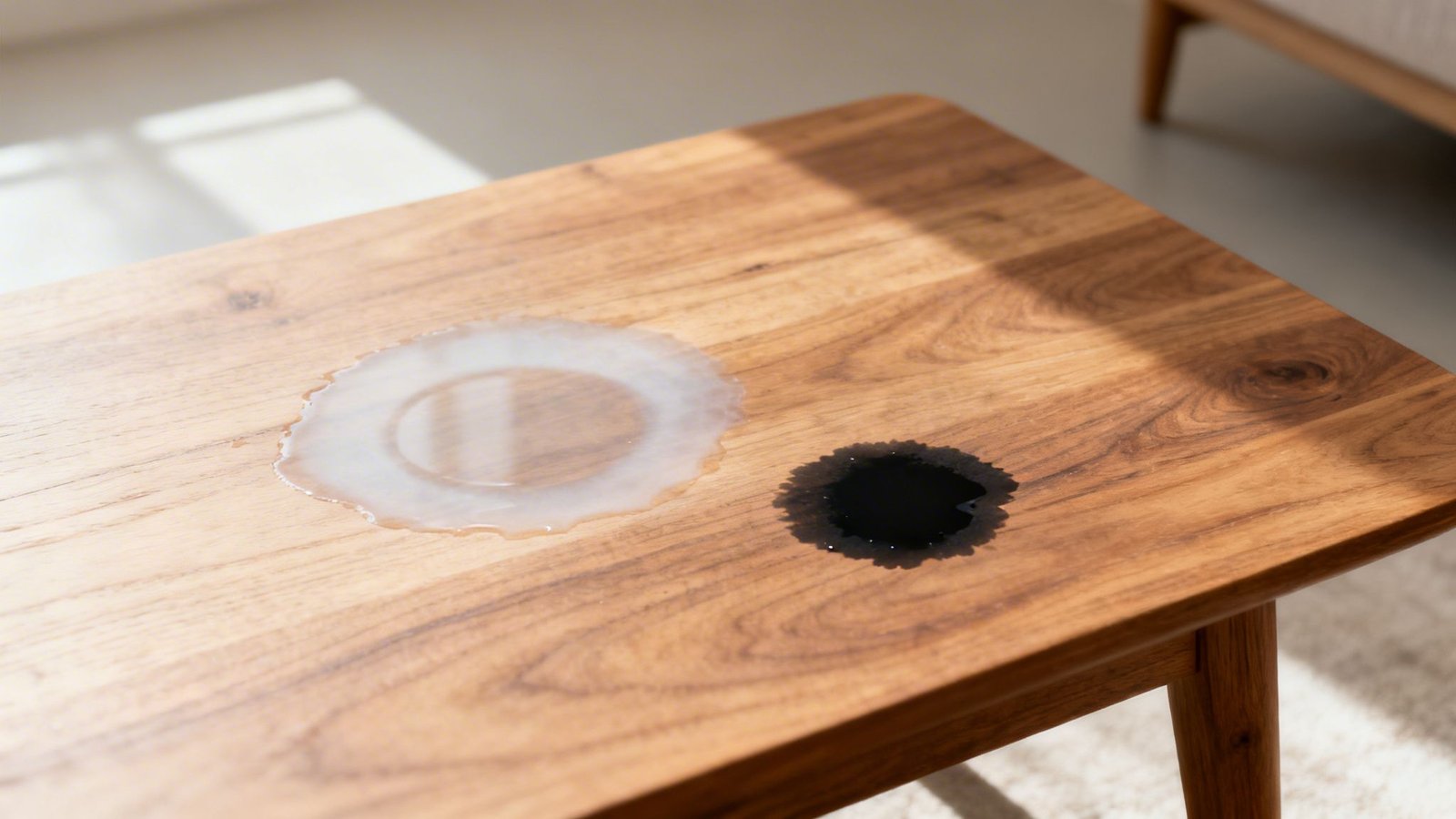 Two liquid spills, one light and one dark, creating marks on a wooden coffee table.