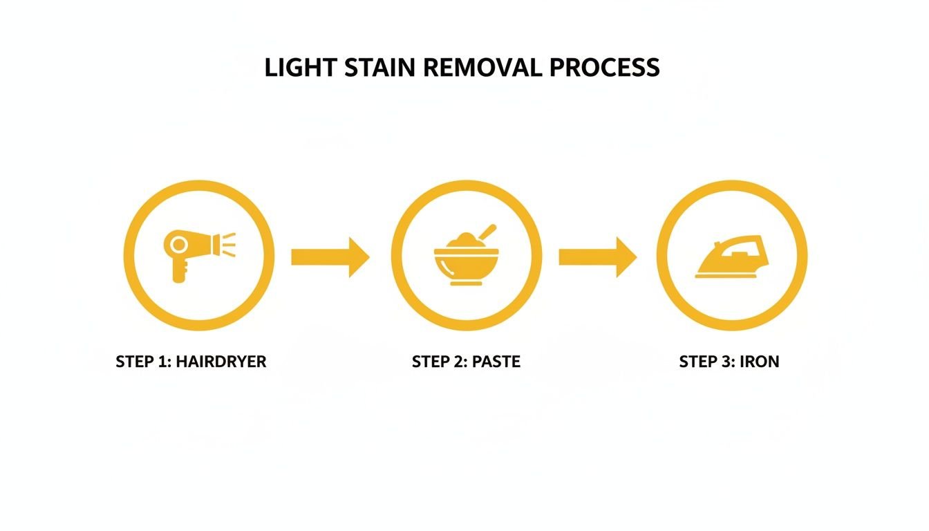 Diagram illustrating a 3-step light stain removal process using a hairdryer, paste, and iron.