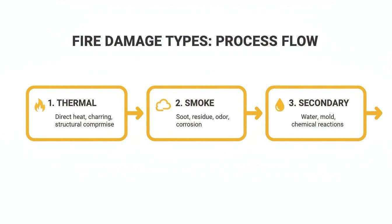 Process flow diagram illustrating three types of fire damage: thermal, smoke, and secondary.