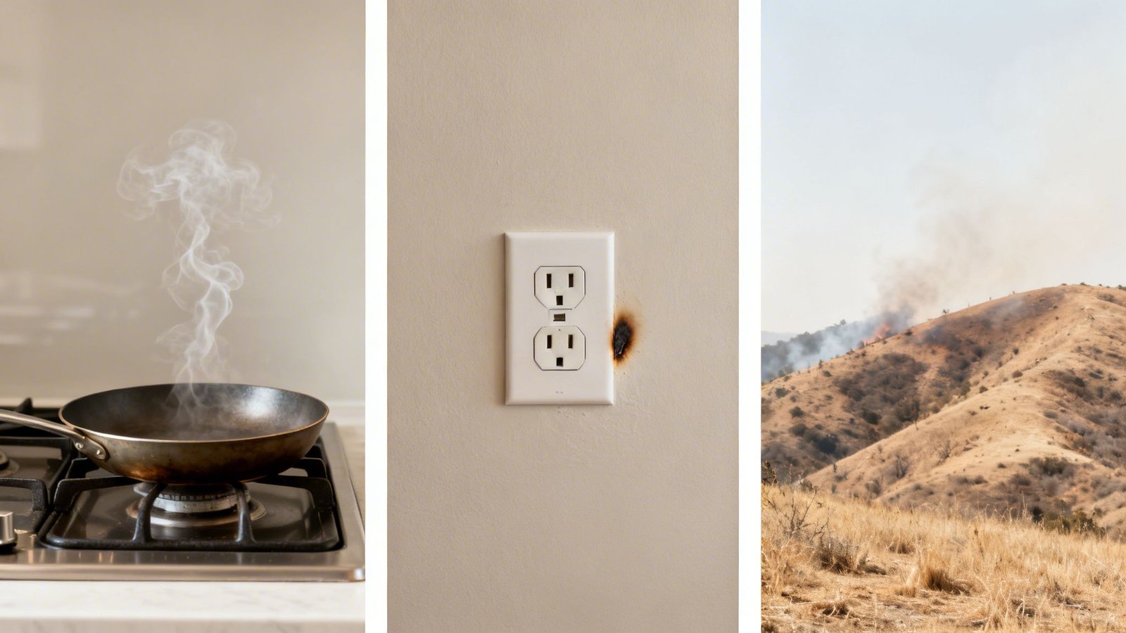 Three panels show different fire hazards: a smoking pan, a burnt electrical outlet, and a wildfire.