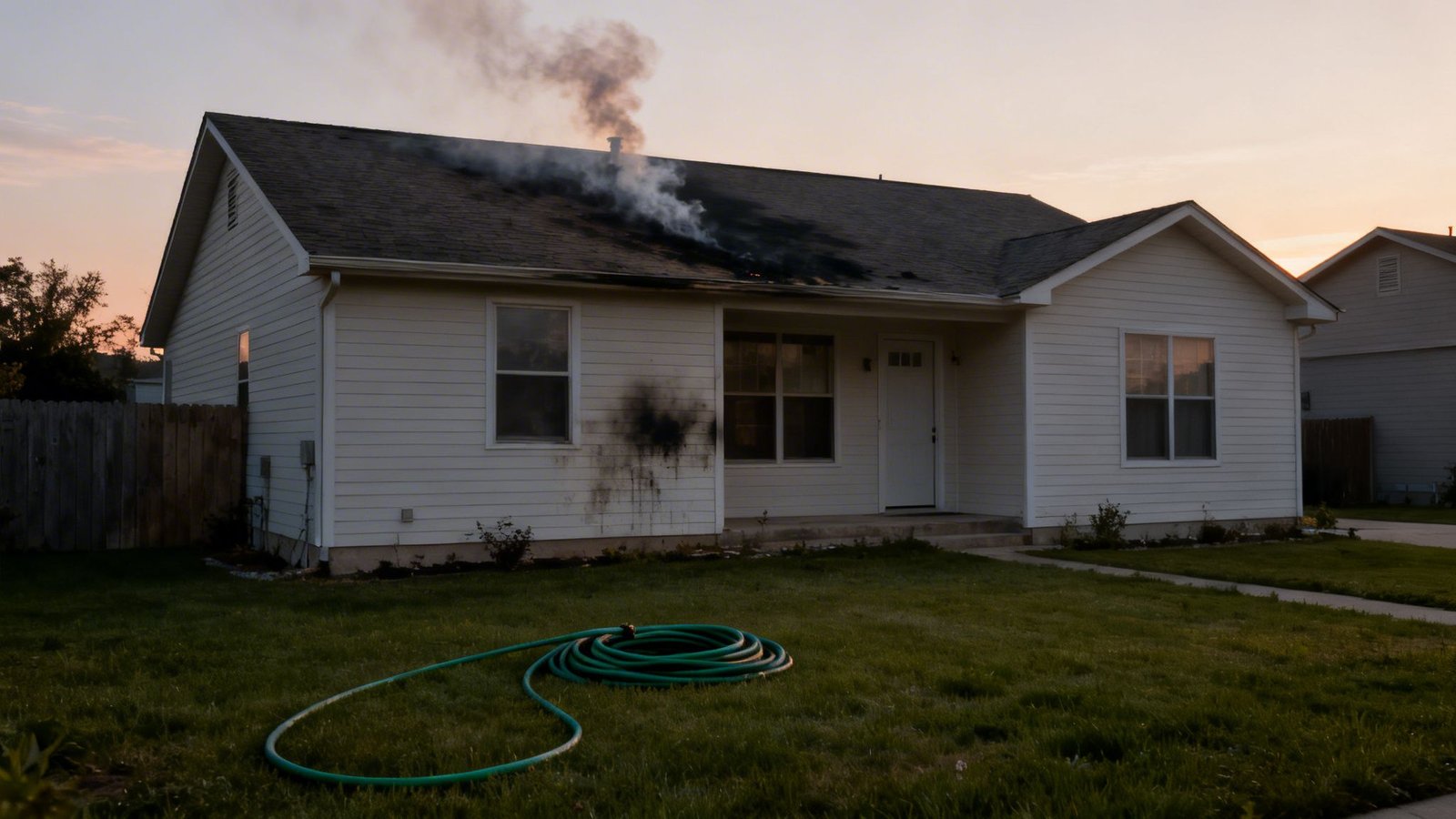 A white house with smoke rising from its roof and significant fire damage, including a black scorch mark on its side.