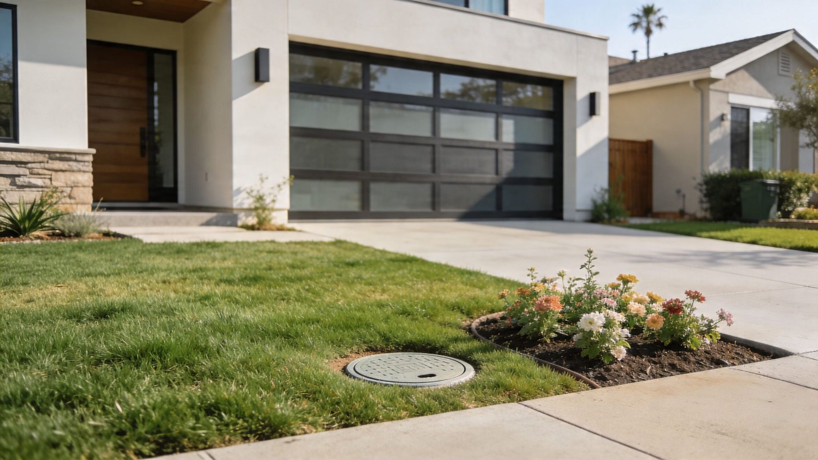 A green residential aerobic septic tank access lid embedded in a lush green lawn near a flowerbed.